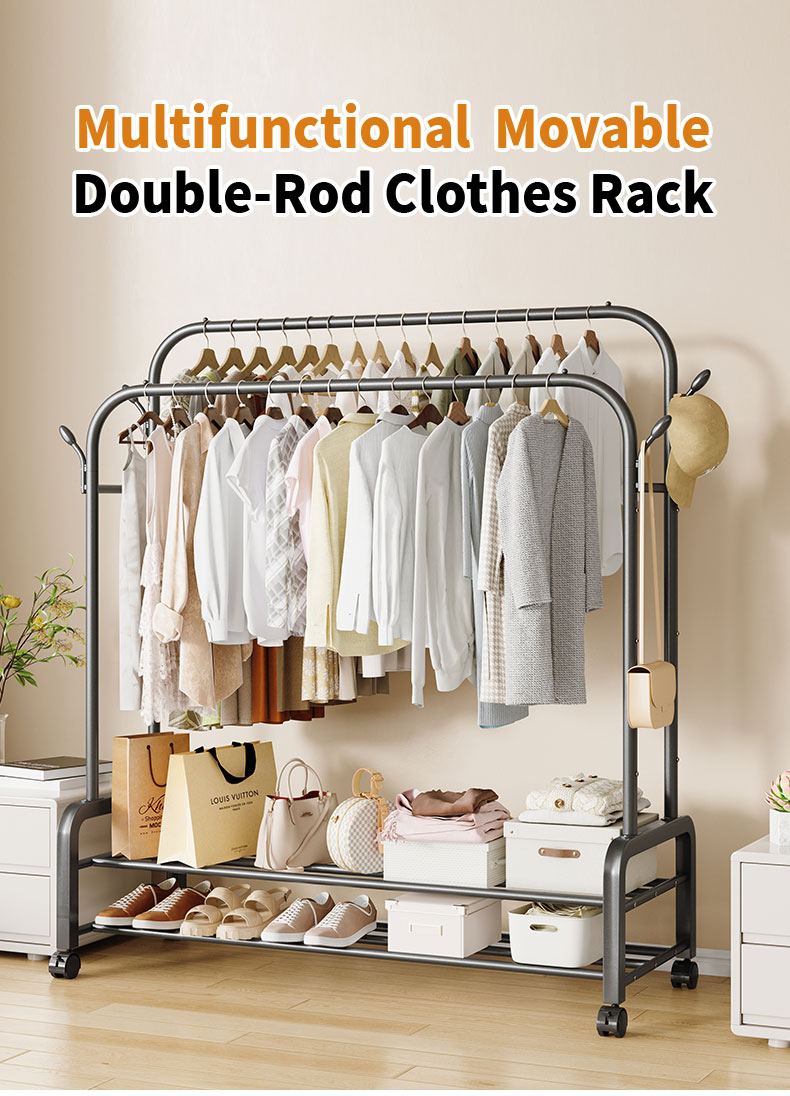 Rolling Clothes Rack Heavy Duty Double Rail Rolling