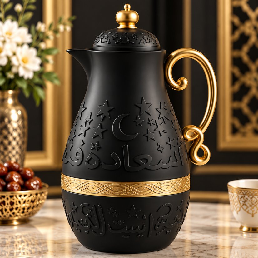 Kettle Arabian Vacuum Flask with Star & Crescent Emboss, Gold Handle Gem Lid