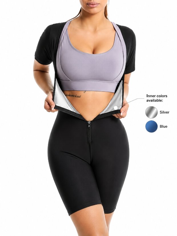 jumpsuit- 3 in 1 waist trimmer shaper Sauna Suit for Women Full Body Waist Trainer Short Sleeve Sweat Suit with Shorts Full Body Shaper