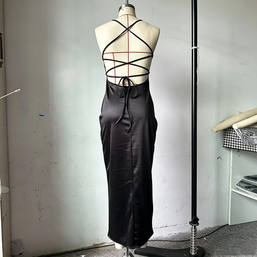 Evening Gowns 6565 Black Satin Cowl-Neck High-Slit Maxi Dress