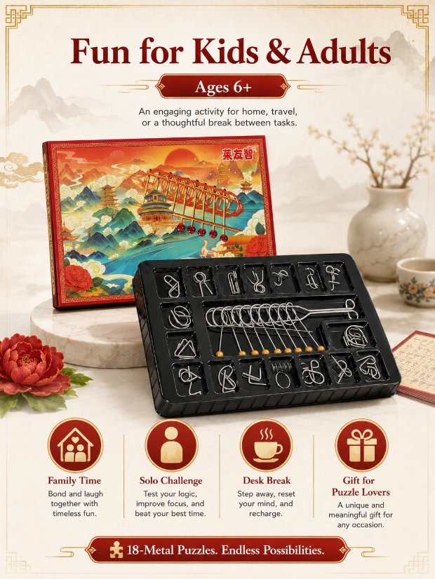 Nine Linked Rings (China Ring) 18-piece Gift Box Set of Chinese Ring Puzzle Brain Teasers