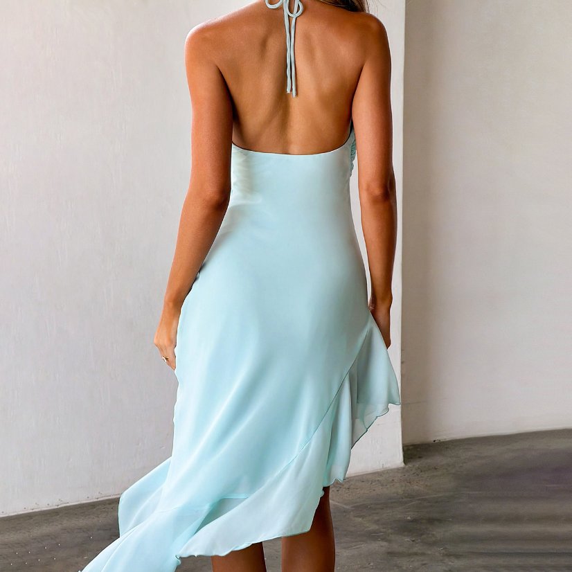 Dresses 6891 Light Blue Halter Dress with Asymmetric Ruffle Hem