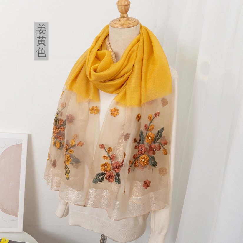 Embroidered Long Scarves Embroidered Begonia Flower Long Scarf and Shawl