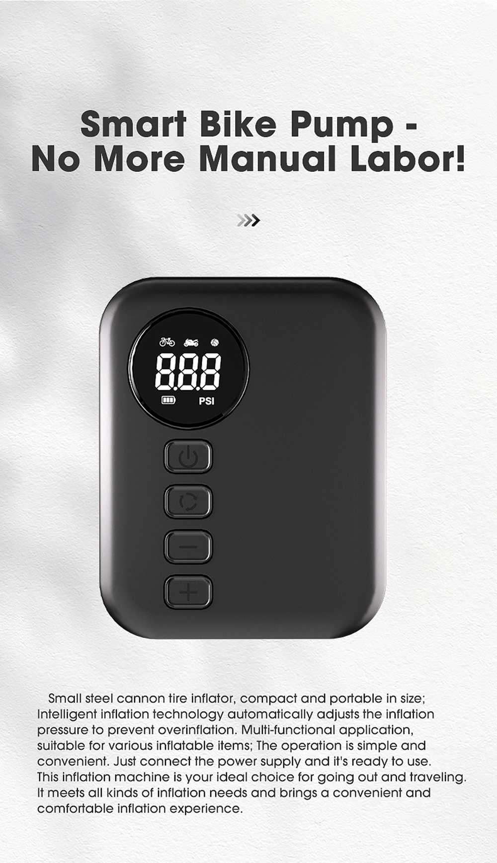 Brushless bicycle pump Ultra-Mini Wireless Portable Air Pump — Brushless Motor, 150 PSI, Digital Display