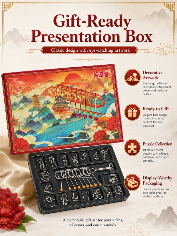 Nine Linked Rings (China Ring) 18-piece Gift Box Set of Chinese Ring Puzzle Brain Teasers