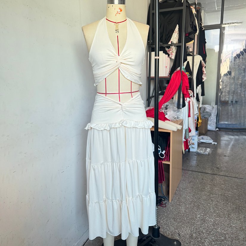Two-Piece Sets 6552 Halter Crop Top and Tiered Maxi Skirt Set