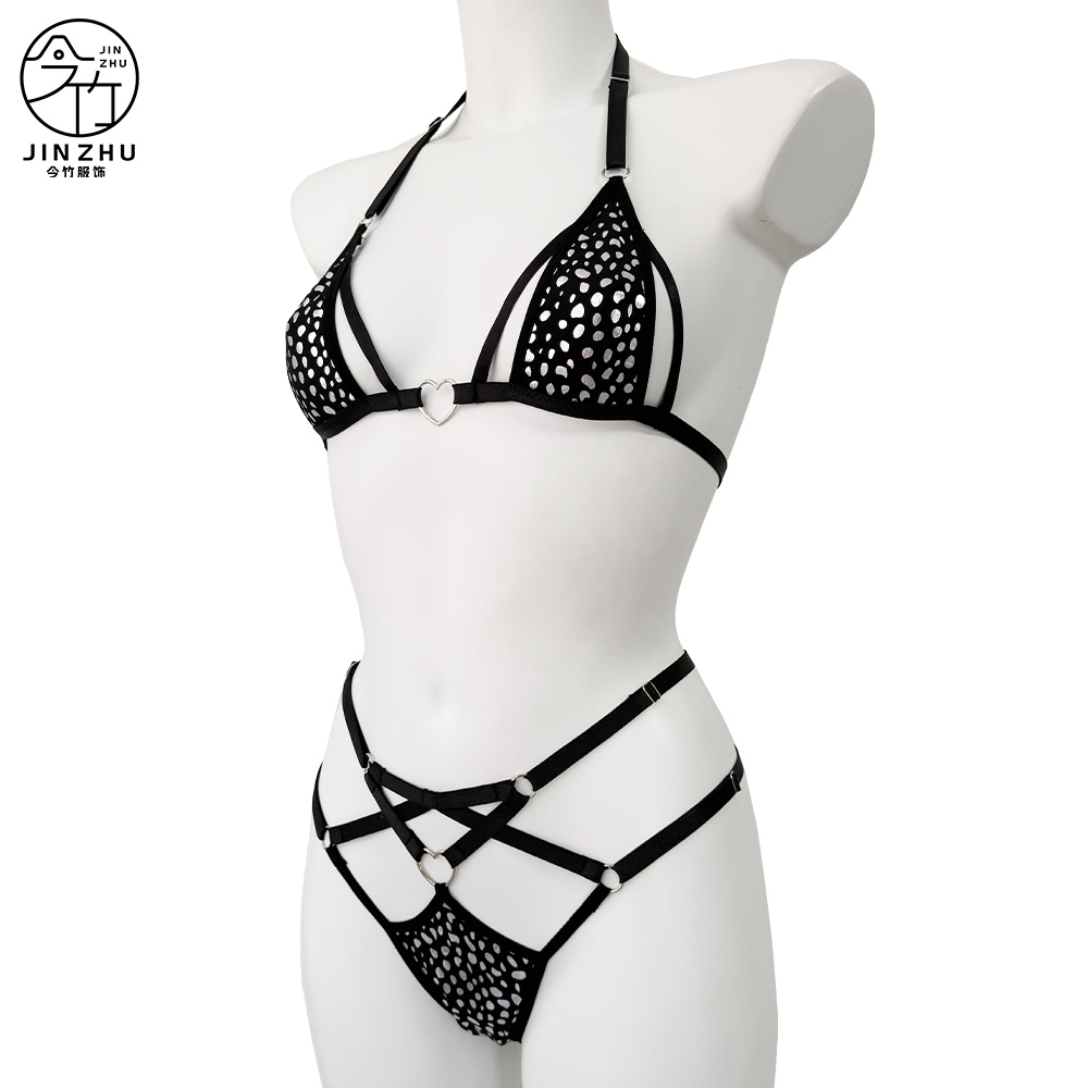 女士套装 Silver-Foiled Dot 2-Piece Set – Heart Ring Cross-Strap Bra & Brief Set
