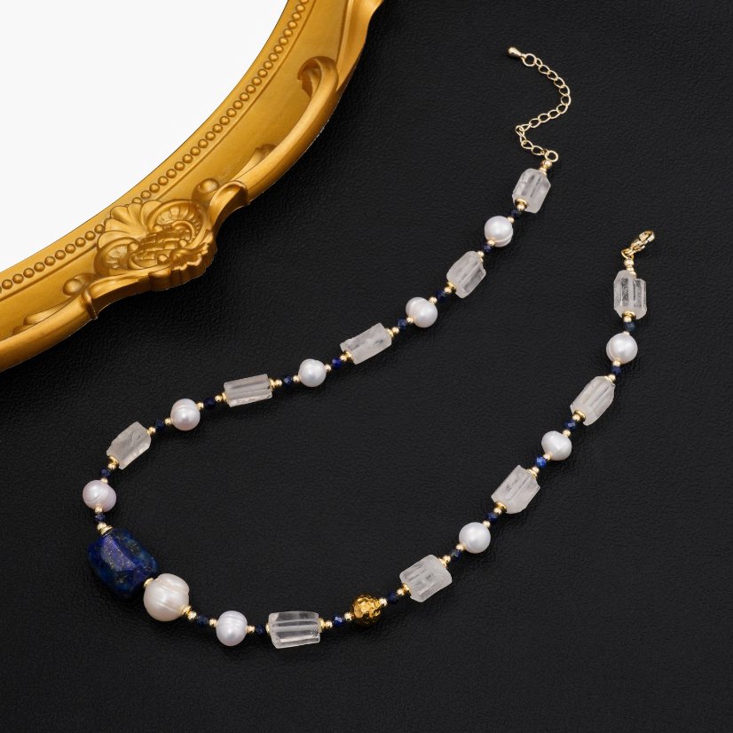 Stainless steel necklace Vintage Style Clear Crystal Lapis Lazuli & Pearl Jewelry Set