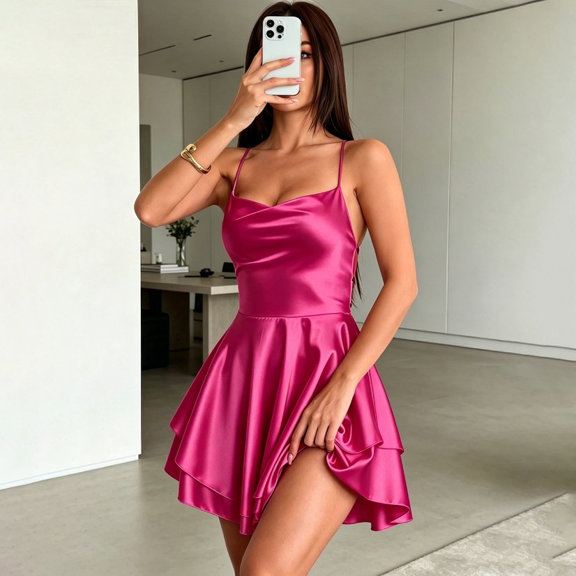 Dresses 201 Satin Camisole Dress with Double-Layer Skirt