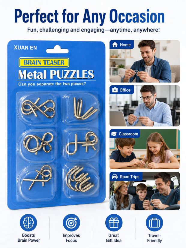 Puzzle Lock 6-Piece Intelligence Disentanglement Puzzle Blister Card Set (Blue Version)