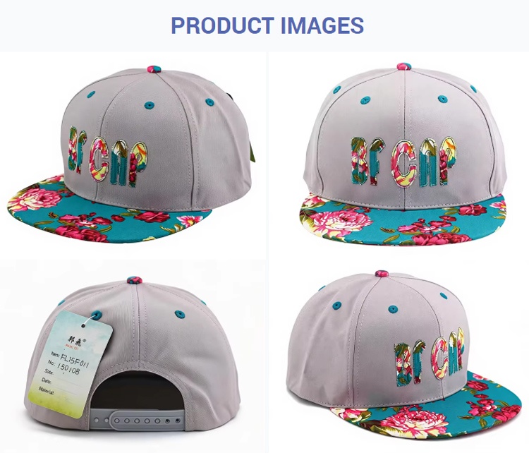 Flat Brim Caps Gray Crown Teal Pink Floral Brim Adjustable Snapback Hat Unisex Embroidered BF Applique Flat Bill Street Baseball Cap