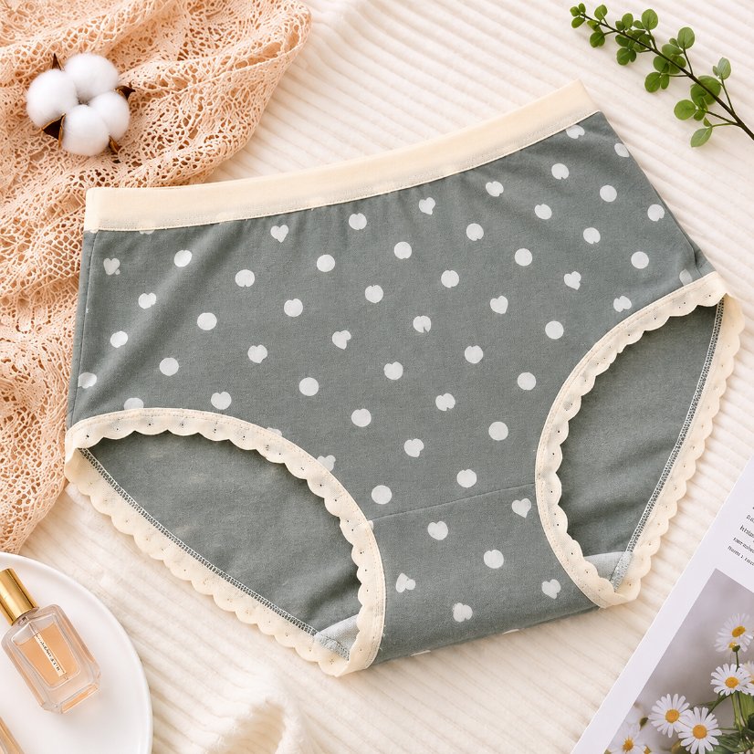 Printed Women's Underwear Women's Polka Dot Heart Print Briefs, Lace Trim Cute Underwear