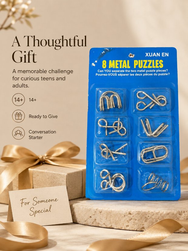 Puzzle Lock 8-Piece Extended Blue Brain Teaser Metal Puzzle Set with Blister Card Packaging