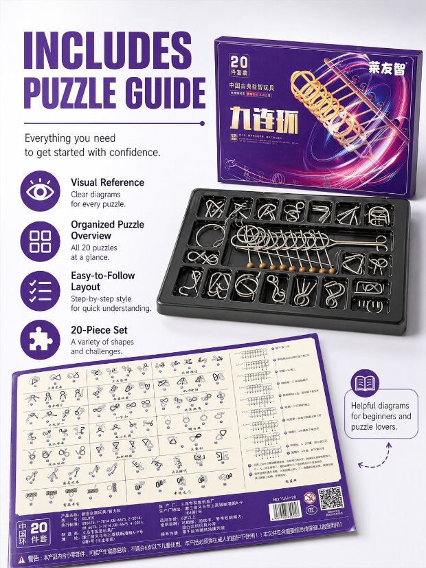 Nine Linked Rings (China Ring) 20-piece Gift Set of Chinese Ring Puzzle Brain Teasers