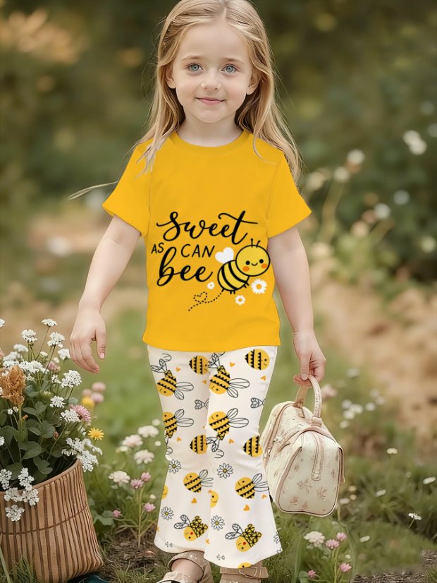 Girls' short-sleeve top and flared pants set Girls' Short-Sleeve Top + Flared Pants Set
