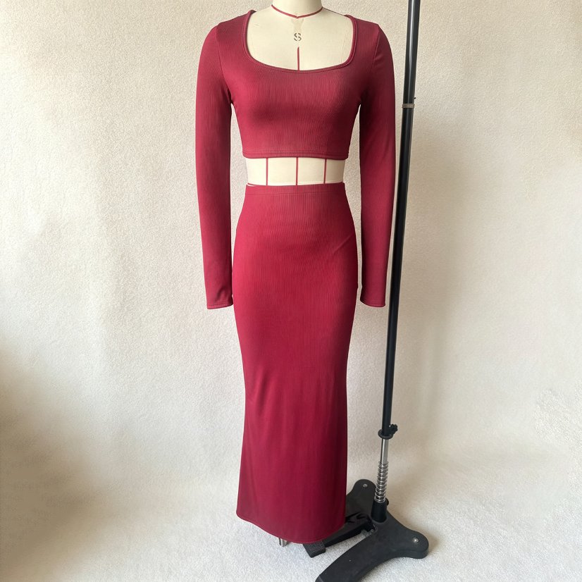 Two-Piece Sets 6798 Ribbed Square-Neck Crop Top and Fishtail Skirt Set
