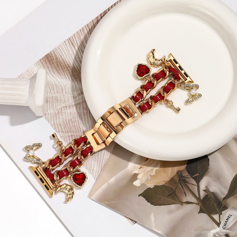 Watch strap  Vintage Chanel-Style Ruby Heart Pendant Leather Chain Strap for Apple Watch All Series 