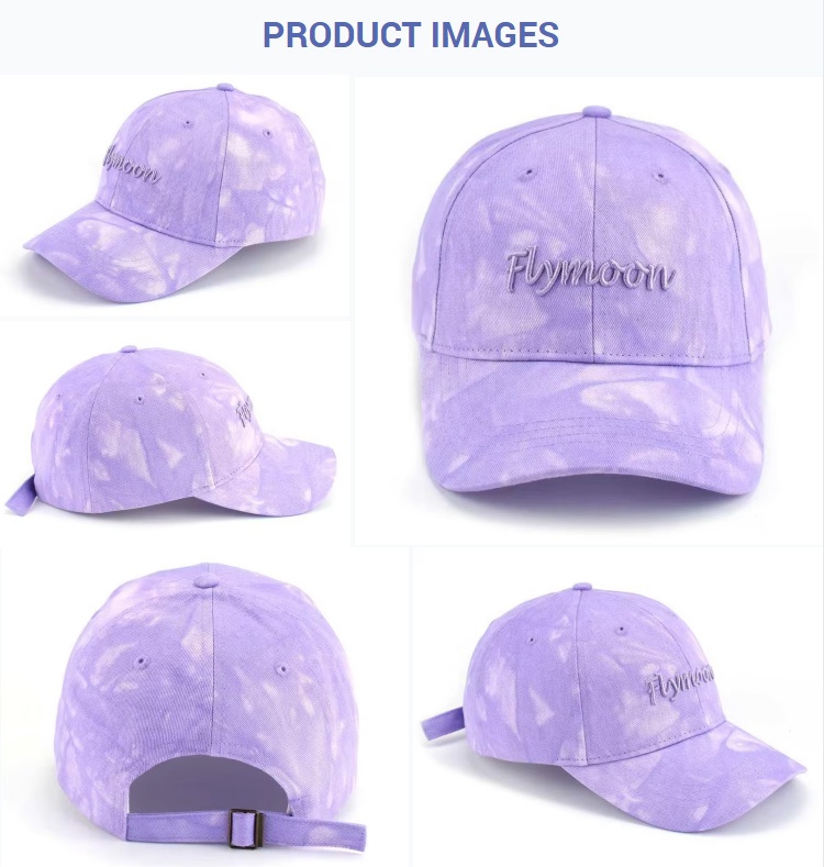 Baseball Caps Light Purple Tie Dye Flymoon Embroidered Adjustable Baseball Cap Unisex Casual Streetwear Outdoor Curved Brim Hat