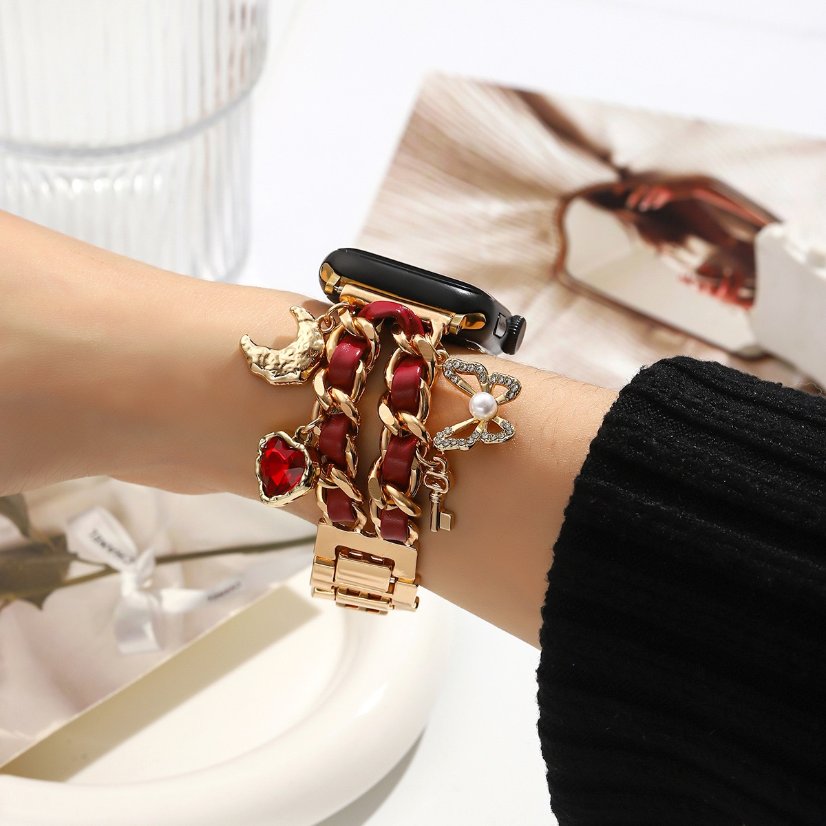 Watch strap  Vintage Chanel-Style Ruby Heart Pendant Leather Chain Strap for Apple Watch All Series 