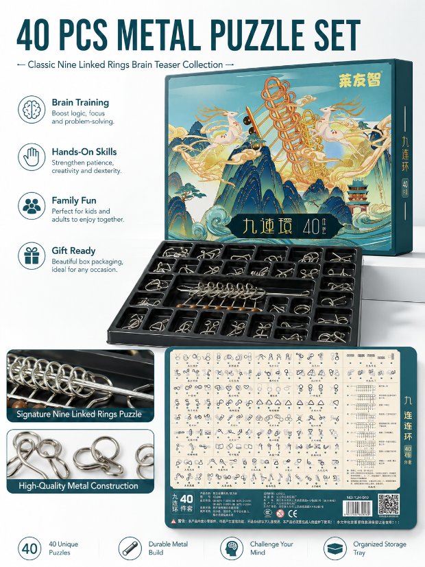 Nine Linked Rings (China Ring) 40-Piece Chinese Ring Puzzle Brain Teaser Set Gift Box