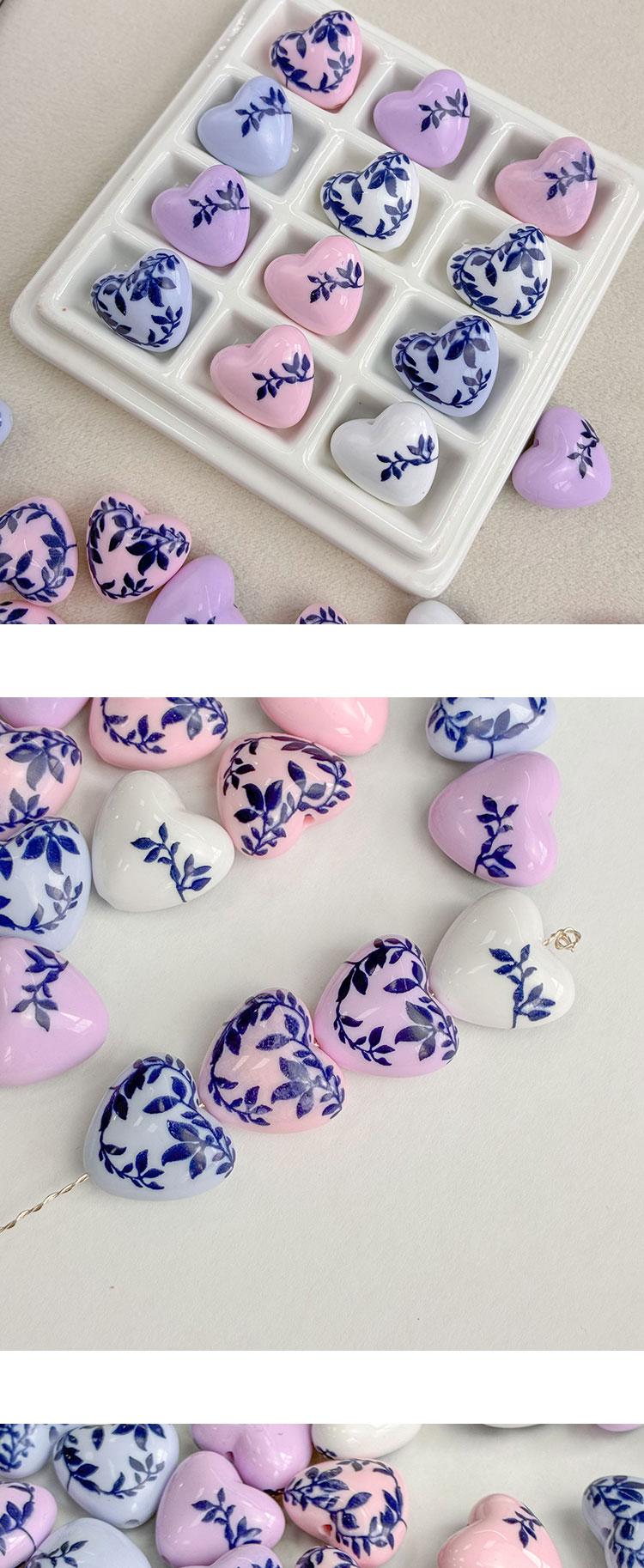 Printed bead Blue and white porcelain printed heart-shaped beads