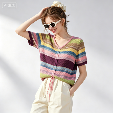Women's Knitwear Women's Drawstring V-Neck Rainbow-Stripe Knit Top
