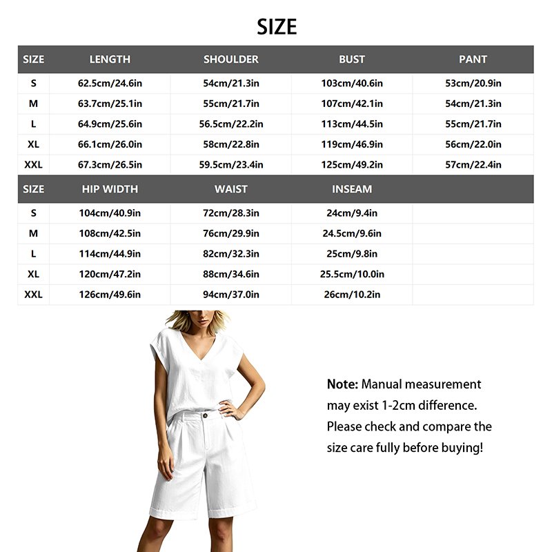 Women's Fashion – Matching Sets TLN73 – Women's V-Neck Short-Sleeve & Five-Inch Suit Shorts Set (With Pockets) 