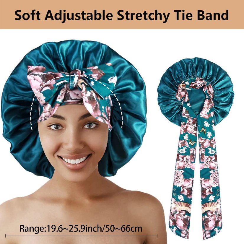 Bonnet Women's Tie‑Closure Printed Satin Sleep Bonnet, Non‑Slip Silky Hair Protection Night Cap