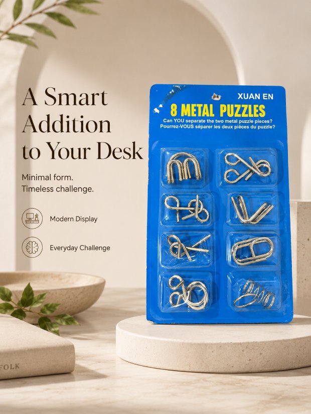 Puzzle Lock 8-Piece Extended Blue Brain Teaser Metal Puzzle Set with Blister Card Packaging