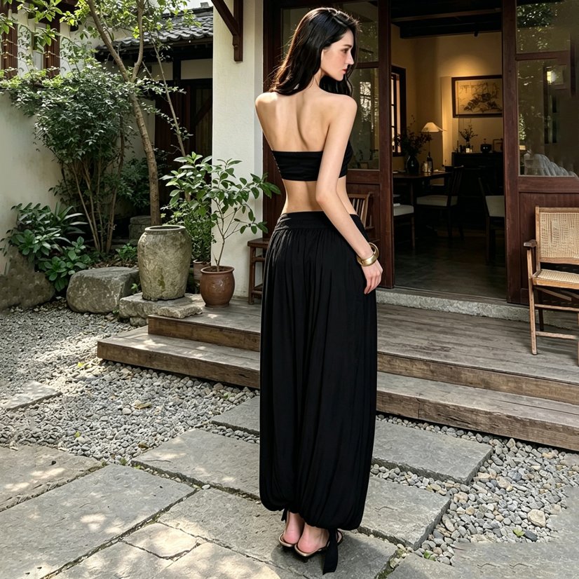 Two-Piece Sets 7132 Strapless Crop Top and Balloon-Leg Pants Set