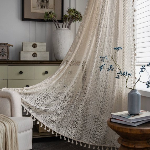 curtain Cotton Crochet Tassel Sheer Curtain