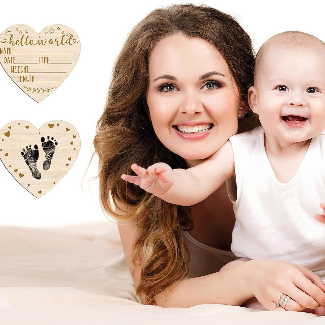 Infant Baptism Heart Style Baby Hand Footprint Commemorative Wooden Plaque