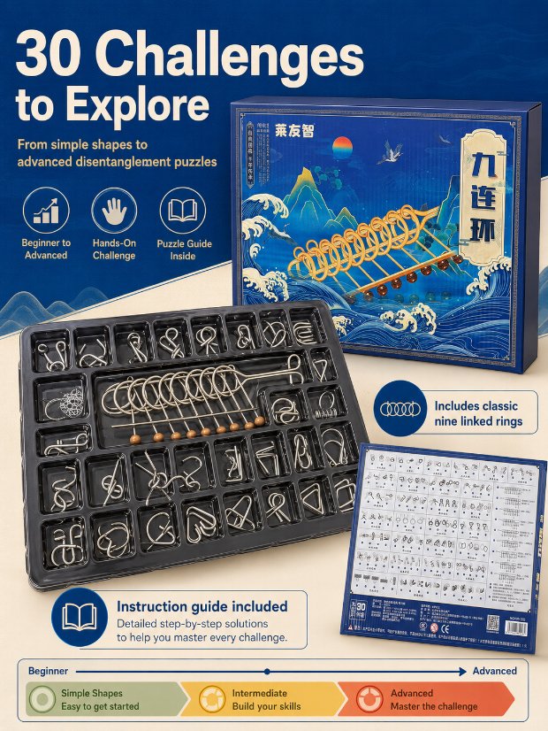 Nine Linked Rings (China Ring) 30-piece Gift Box of Chinese Ring Puzzle Brain Teaser Metal Disentanglement Puzzles