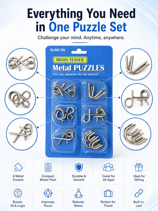 Puzzle Lock 6-Piece Intelligence Disentanglement Puzzle Blister Card Set (Blue Version)