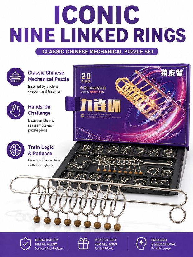 Nine Linked Rings (China Ring) 20-piece Gift Set of Chinese Ring Puzzle Brain Teasers