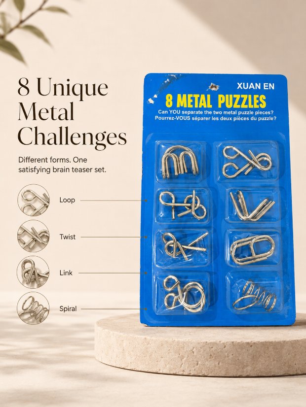 Puzzle Lock 8-Piece Extended Blue Brain Teaser Metal Puzzle Set with Blister Card Packaging
