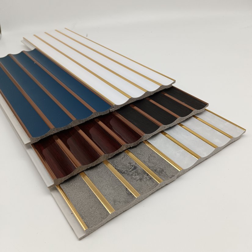 fluted wall panel PS Wavy Curved Wall Panel With Gold Metal Inlay, Half-Round Fluted Slat Board