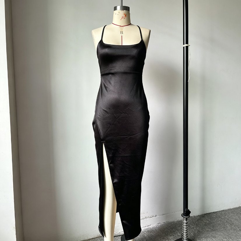 Evening Gowns 6565 Black Satin Cowl-Neck High-Slit Maxi Dress
