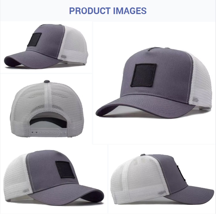 Trucker Caps Grey White Curved Bill Adjustable Trucker Hat Black Square Patch Curved Brim Outdoor Mesh Baseball Cap
