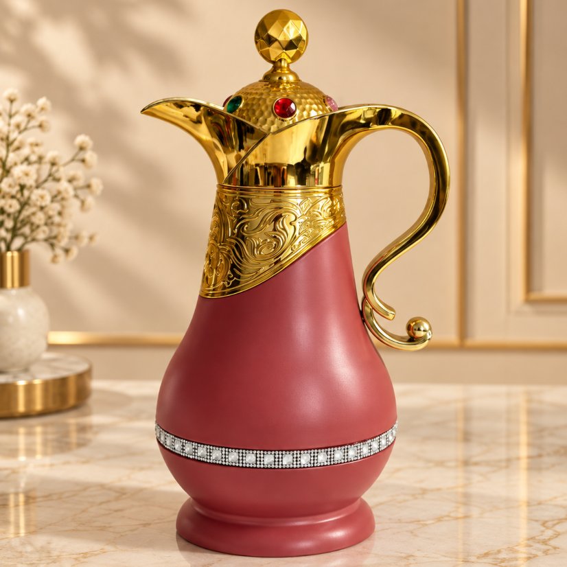 Kettle Ornate Gold Vacuum Flask with Gem Lid, Decorative Handle Thermal Carafe