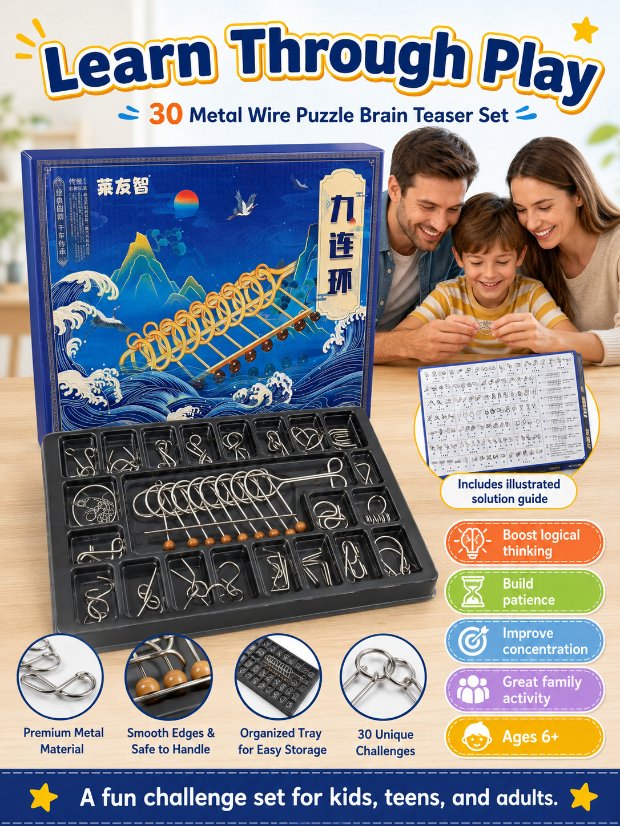 Nine Linked Rings (China Ring) 30-piece Gift Box of Chinese Ring Puzzle Brain Teaser Metal Disentanglement Puzzles