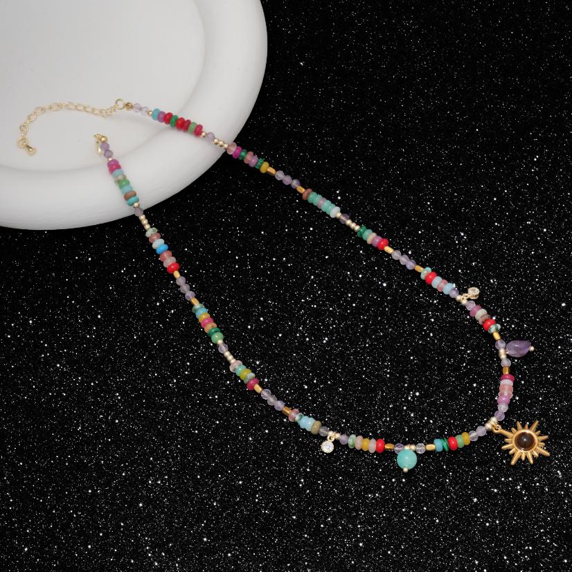 Stainless steel necklace Boho Natural Mixed Stone Sun Pendant Choker Necklace