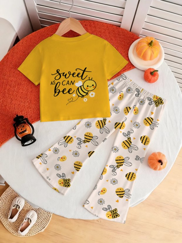 Girls' short-sleeve top and flared pants set Girls' Short-Sleeve Top + Flared Pants Set