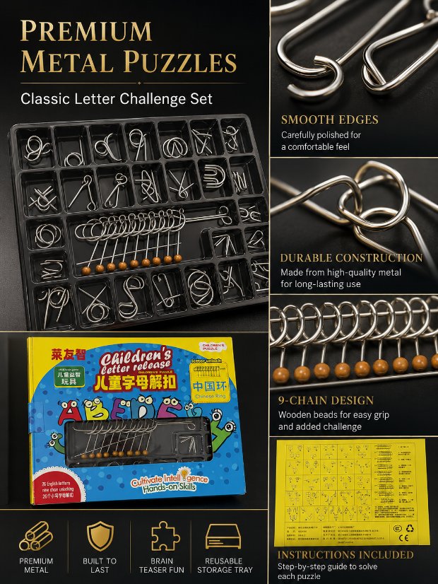 Nine Linked Rings (China Ring) 27-Piece Gift Box of Chinese Ring Puzzles & Letter Buckles