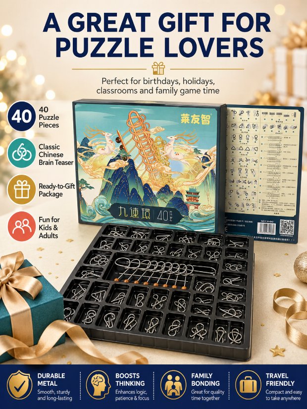 Nine Linked Rings (China Ring) 40-Piece Chinese Ring Puzzle Brain Teaser Set Gift Box