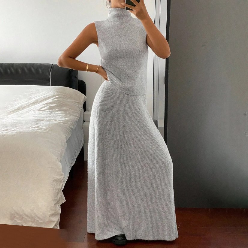 Two-Piece Sets 7182 Ribbed Sleeveless Top and Maxi Skirt Set