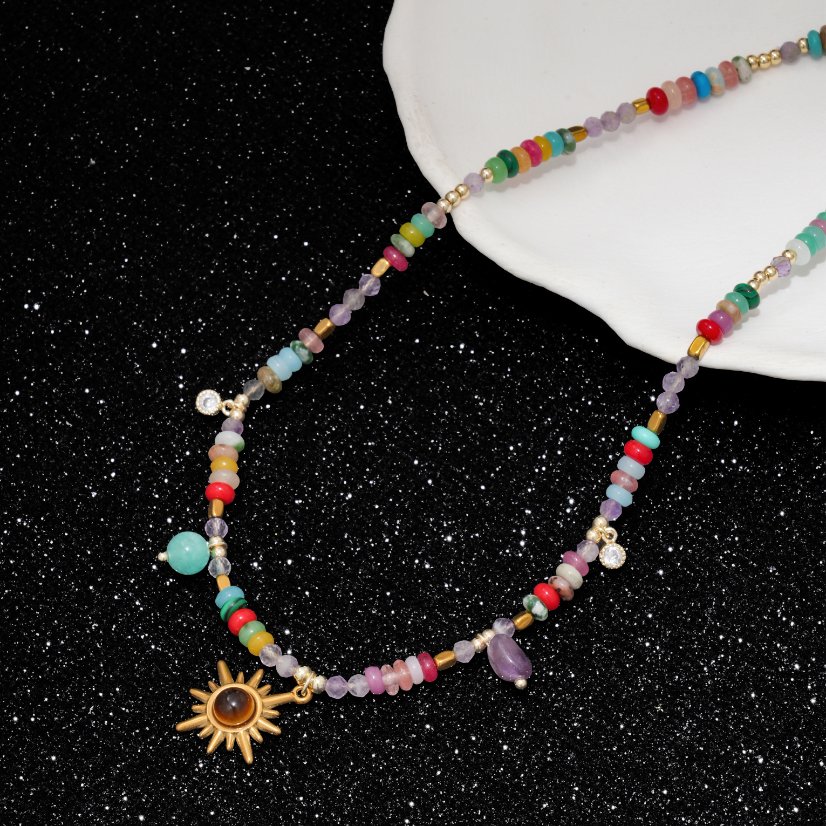 Stainless steel necklace Boho Natural Mixed Stone Sun Pendant Choker Necklace