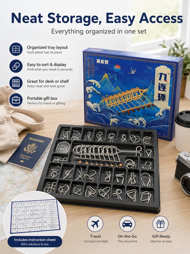 Nine Linked Rings (China Ring) 30-piece Gift Box of Chinese Ring Puzzle Brain Teaser Metal Disentanglement Puzzles