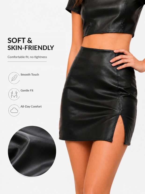 skirts Women's Faux Leather Skirt High Waist Tummy Control Bodycon Mini Short Skirt with Slit
