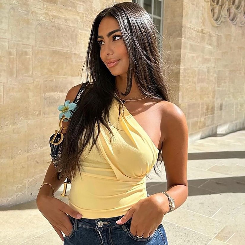 Tops 6216 Light Yellow One-Shoulder Ruched Crop Top